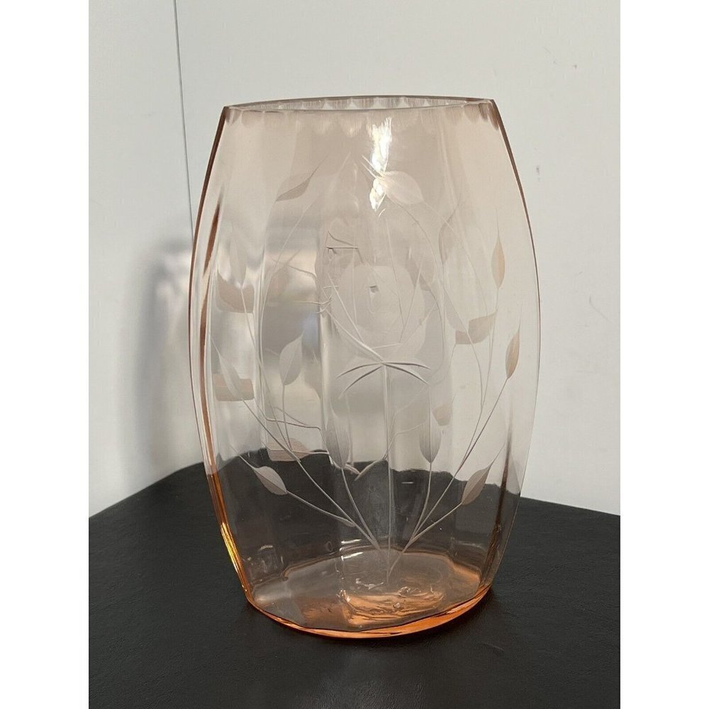 Paden City Glass Rose Wheel-cut Etched Cheriglo Pink 8-1/4" Tall Elliptical Vase